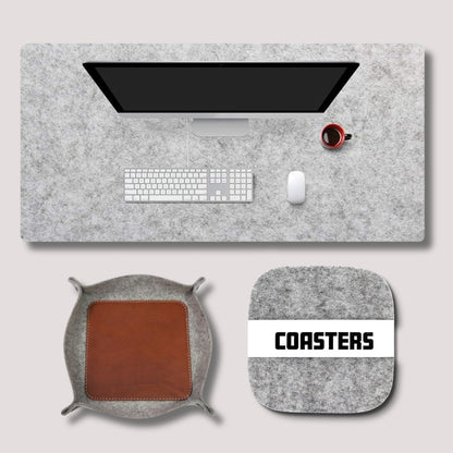 Tierno Combo of 3 Pack (1 Felt Desk Pad, 1 Felt Tray, 4 Felt Coster) Plain Desk Pad Protector Waterproof PU Desk Mat, 1 Felt Tray,Felt Coaster Set of 4 (Light Gray Colored)