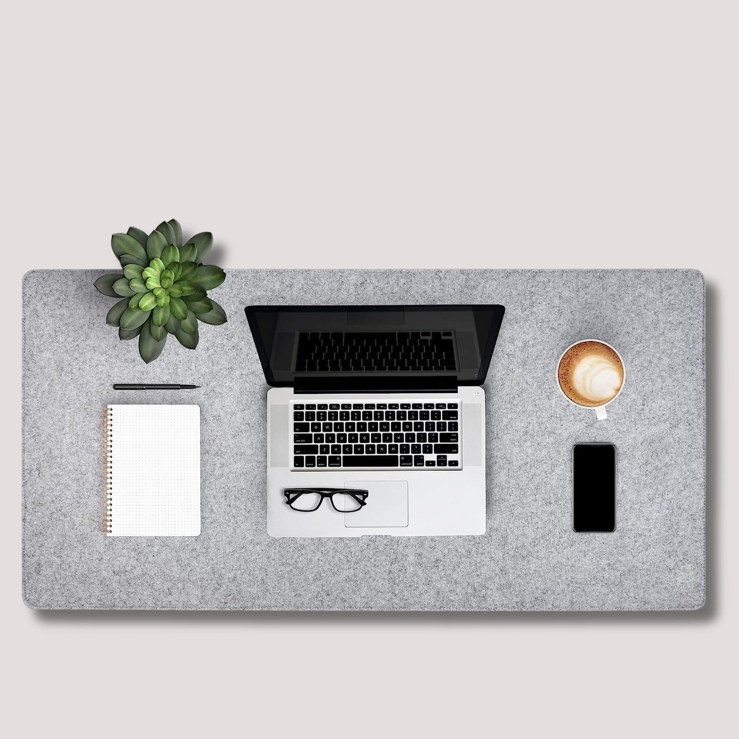 Tierno Combo of 3 Pack (1 Felt Desk Pad,1 Felt Tray,4 Felt Coster) Daily Objects Desk Pad Super Smooth Felt for Gaming,1 Desk Mat, 1 Felt Tray,Felt Coaster Set of 4 (Light Gray Colored)